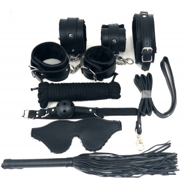 Набор БДСМ в черном цвете: наручники, поножи, кляп, ошейник с поводком, маска, веревка, плеть, фото