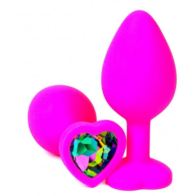 Розовая силиконовая пробка с разноцветным кристаллом-сердечком - 8 см., фото