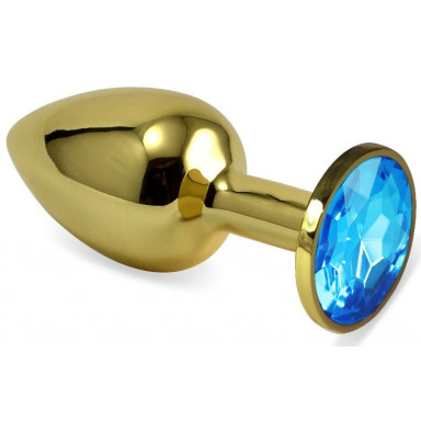 Золотистая анальная пробка с голубым кристаллом - 6,5 см., фото