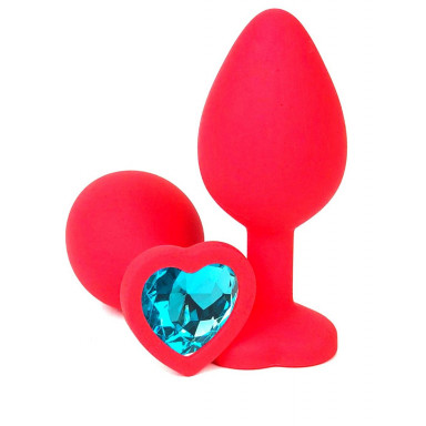 Красная силиконовая анальная пробка с голубым стразом-сердцем - 8 см., фото