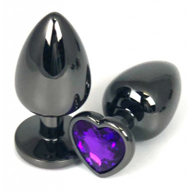Черная металлическая анальная пробка с фиолетовым стразом-сердечком - 7,5 см., фото