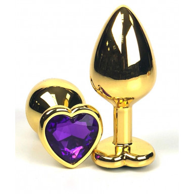 Золотистая анальная пробка с фиолетовым кристаллом-сердцем - 7 см., фото