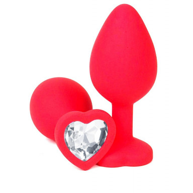 Красная силиконовая анальная пробка с прозрачным стразом-сердцем - 8 см., фото