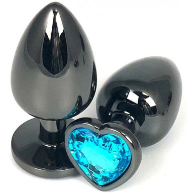 Черная металлическая анальная пробка с голубым стразом-сердечком - 9 см., фото