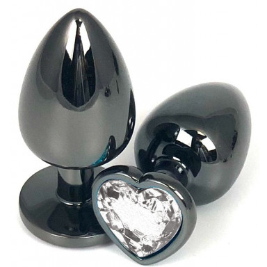 Черная металлическая анальная пробка с прозрачным стразом-сердечком - 6,5 см., фото