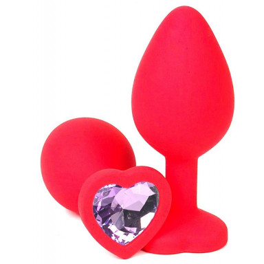 Красная силиконовая пробка с сиреневым кристаллом-сердечком - 9,5 см., фото