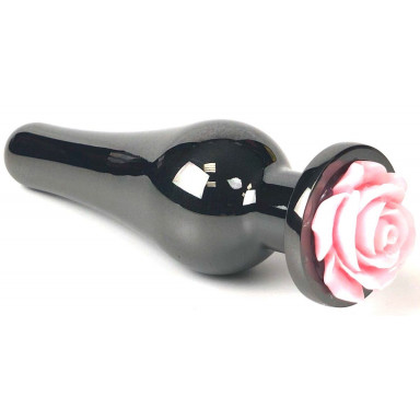 Черная удлиненная анальная пробка с розовой розой - 12,5 см., фото