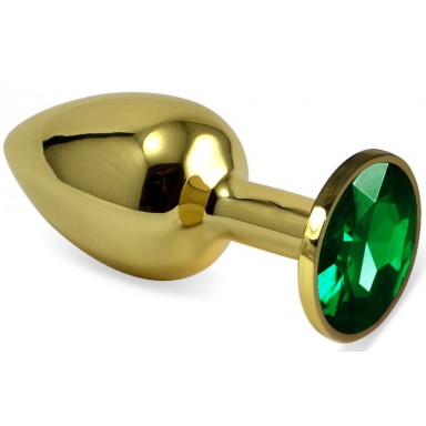 Золотистая анальная пробка с зеленым кристаллом - 5,5 см., фото