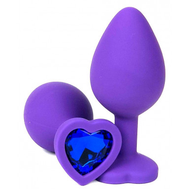 Фиолетовая силиконовая анальная пробка с синим стразом-сердцем - 8,5 см., фото