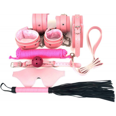 Набор БДСМ в розовом цвете: наручники, поножи, кляп, ошейник с поводком, маска, веревка, плеть, фото