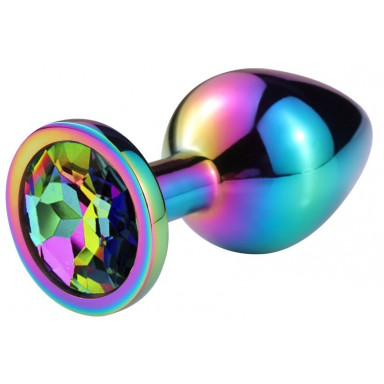 Разноцветная гладкая анальная пробка с радужным кристаллом - 8 см., фото
