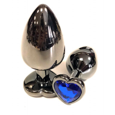 Черная металлическая анальная пробка с синим стразом-сердечком - 6,5 см., фото