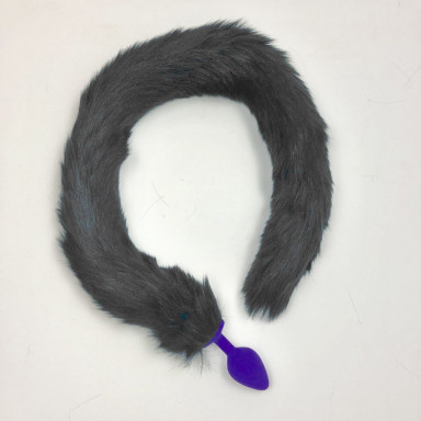 Фиолетовая силиконовая анальная пробка с длинным черным хвостом, фото