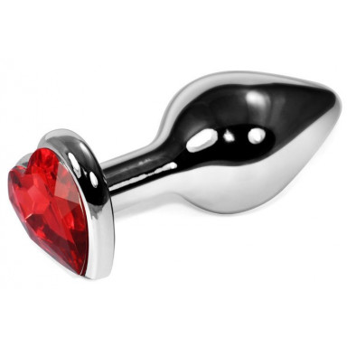 Серебристая анальная пробка с красным кристаллом-сердечком - 9 см., фото