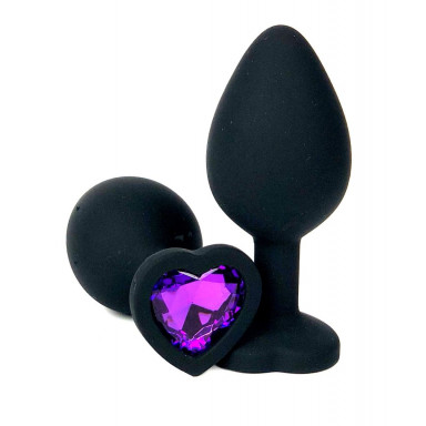 Черная силиконовая пробка с фиолетовым кристаллом-сердцем - 8,5 см., фото