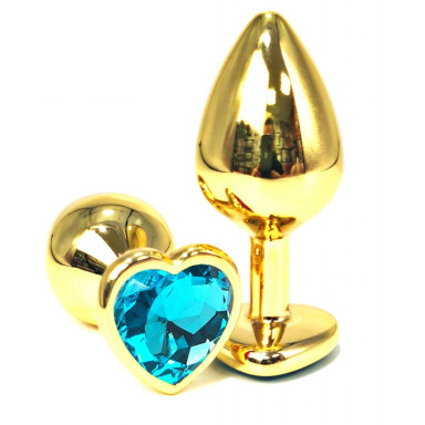Золотистая анальная пробка с голубым кристаллом-сердцем - 6 см., фото