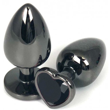 Черная металлическая анальная пробка с черным стразом-сердечком - 7,5 см., фото
