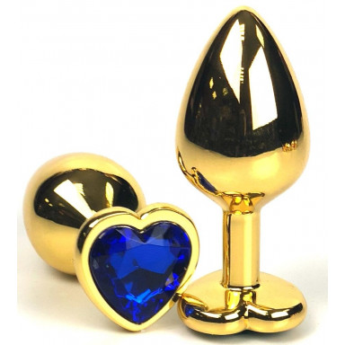 Золотистая анальная пробка с синим кристаллом-сердцем - 8 см., фото