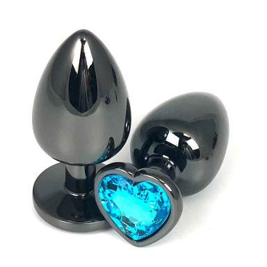 Черная металлическая анальная пробка с голубым стразом-сердечком - 6,5 см., фото