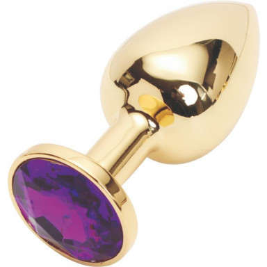 Золотистая анальная пробка с фиолетовым кристаллом размера M - 8 см., фото