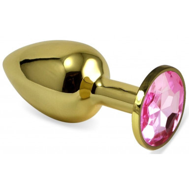 Золотистая анальная пробка с нежно-розовым кристаллом - 5,5 см., фото