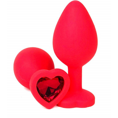 Красная силиконовая анальная пробка с красным стразом-сердцем - 8 см.