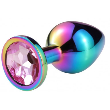 Разноцветная гладкая анальная пробка с нежно-розовым кристаллом - 7,5 см., фото