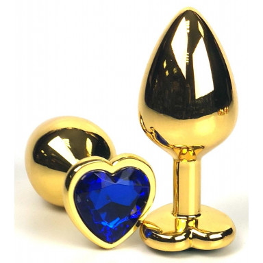 Золотистая анальная пробка с синим кристаллом-сердцем - 6 см., фото