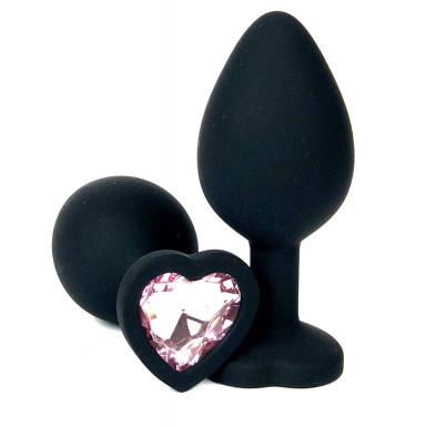Черная силиконовая пробка с нежно-розовым кристаллом-сердечком - 8 см., фото