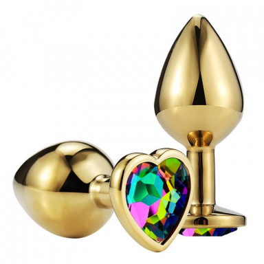 Золотистая гладкая анальная пробка с разноцветным кристаллом-сердечком - 6,8 см., фото
