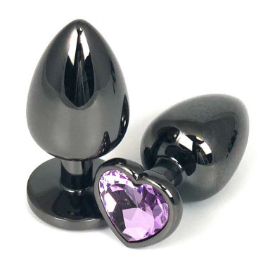 Черная гладкая анальная пробка с сиреневым кристаллом-сердечком - 7,5 см.