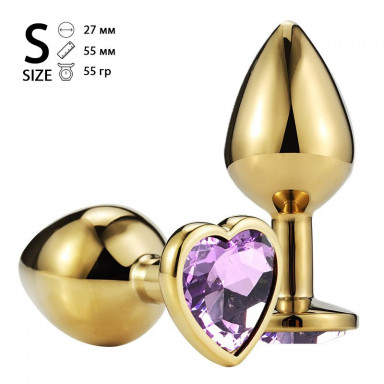 Золотистая анальная пробка с сиреневым кристаллом-сердечком - 6,8 см. фото 2