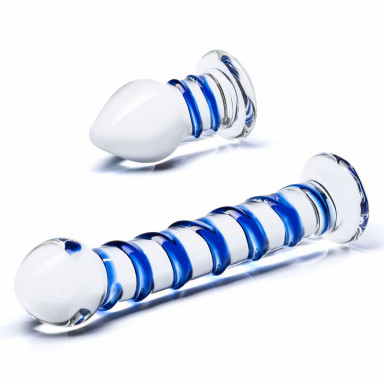 Набор из 2 стеклянных игрушек с синей спиралью Swirly Dildo Buttplug Set фото 5