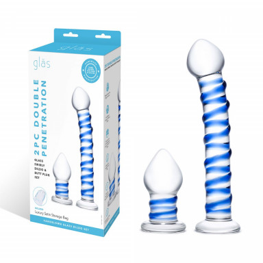Набор из 2 стеклянных игрушек с синей спиралью Swirly Dildo Buttplug Set фото 8