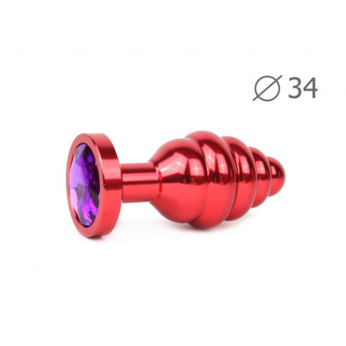 Коническая ребристая красная анальная втулка с кристаллом фиолетового цвета - 8 см., фото