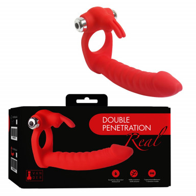 Красная вибронасадка Double Penetration Real с клиторальным зайчиком фото 2