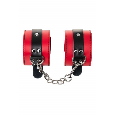 Красно-черные кожаные наручники со сцепкой фото 5