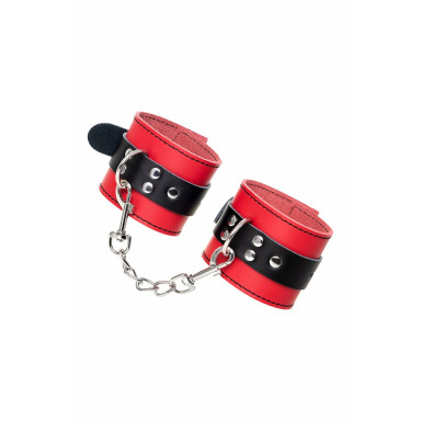 Красно-черные кожаные наручники со сцепкой фото 7