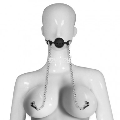 Серебристо-черный кляп с зажимами на соски Breathable Ball Gag With Nipple Clamp фото 4