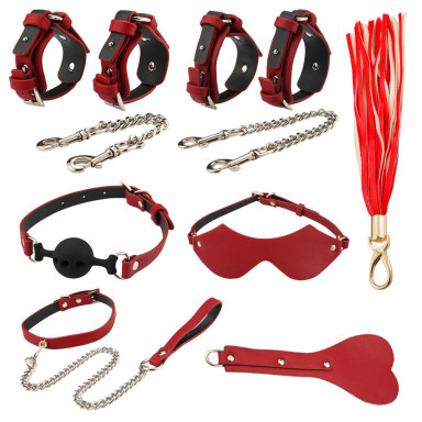 Оригинальный БДСМ-набор из 9 предметов в красной кожаной сумке, фото