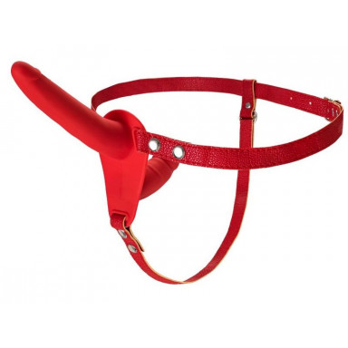 Красный страпон на ремнях с вагинальной пробкой - 15 см., фото