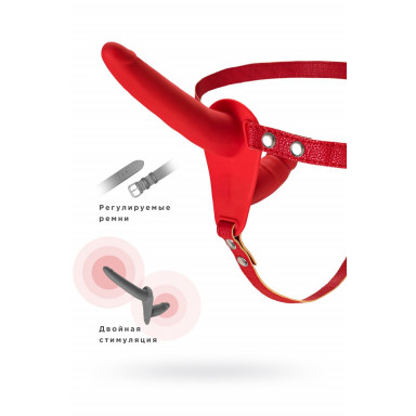 Красный страпон на ремнях с вагинальной пробкой - 15 см. фото 2