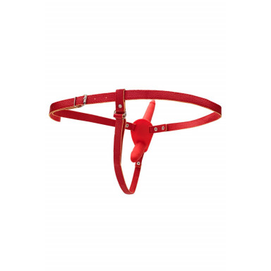 Красный страпон на ремнях с вагинальной пробкой - 15 см. фото 3