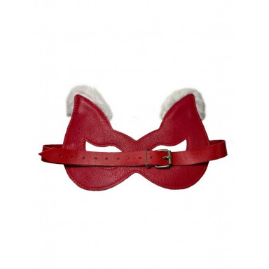 Красная маска из натуральной кожи с белым мехом на ушках фото 2