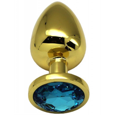 Золотистая анальная пробка с голубым кристаллом - 9 см., фото