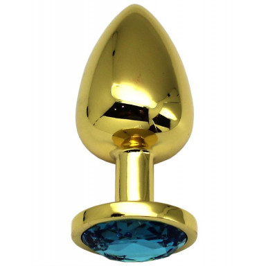 Золотистая анальная пробка с голубым кристаллом - 9 см. фото 3