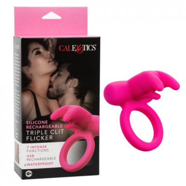 Розовое перезаряжаемое кольцо Silicone Rechargeable Triple Clit Flicker фото 2