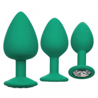 Набор из трёх зеленых анальных пробок с кристаллом Cheeky Gems, фото