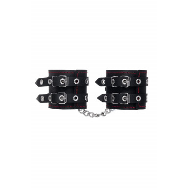 Черные кожаные наручники с двумя ремнями и подкладкой фото 3
