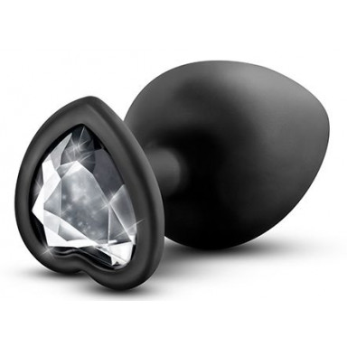 Черная анальная пробка с прозрачным стразом-сердечком Bling Plug Large - 9,5 см., фото